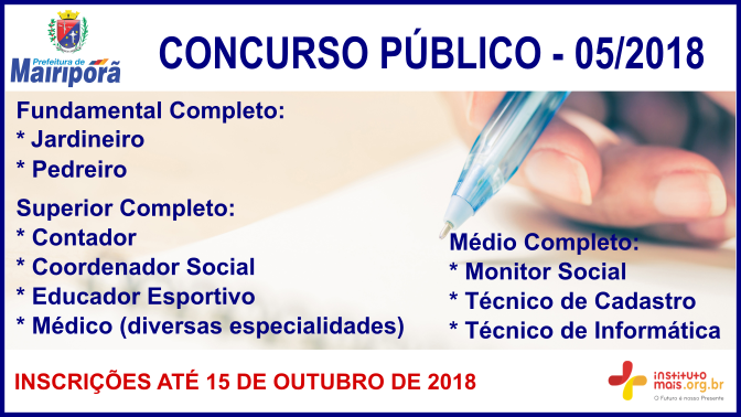 Concurso Público 05/2018 da Prefeitura de Mairiporã / Realização: Instituto Mais / Imagem: Divulgação