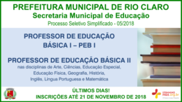 Processo Seletivo Simplificado 05/2018 da Secretaria Municipal de Educação de Rio Claro / Realização: Instituto Mais / Imagem: Divulgação