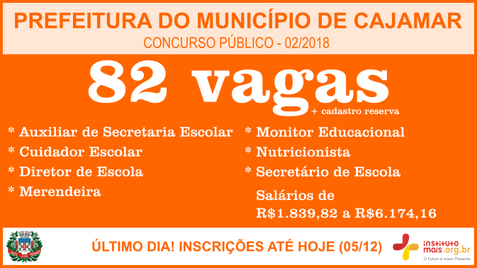 Concurso Público 02/2018 da Prefeitura de Cajamar / Realização: Instituto Mais / Imagem: Divulgação