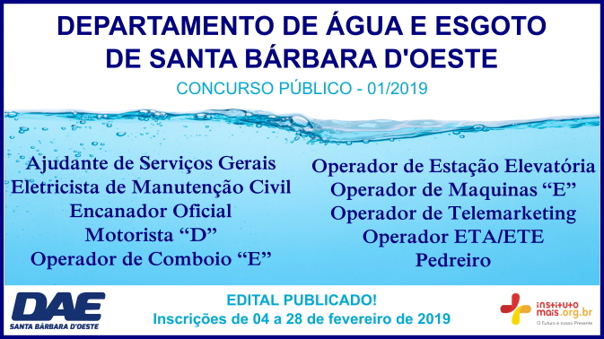 Concurso Público 01/2019 do DAE de Santa Bárbara d'Oeste / Realização: Instituto Mais / Imagem: Divulgação