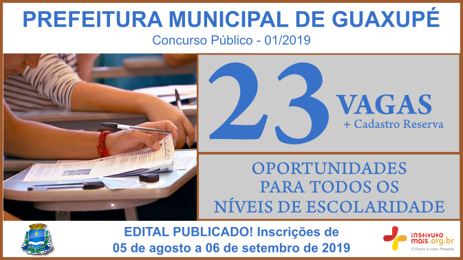 Concurso Público 01/2019 da Prefeitura de Guaxupé / Realização: Instituto Mais / Imagem: Divulgação