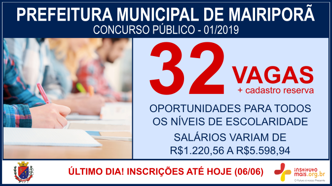 Concurso Público 01/2019 da Prefeitura de Mairiporã / Realização: Instituto Mais / Imagem: Divulgação