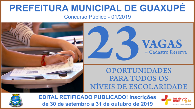 Concurso Público 01/2019 da Prefeitura de Guaxupé / Realização: Instituto Mais / Imagem: Divulgação