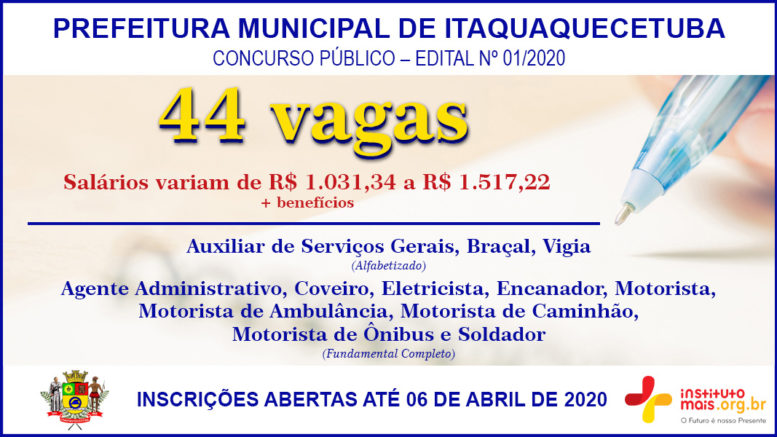 Concurso Público 01/2020 da Prefeitura de Itaquaquecetuba / Realização: Instituto Mais / Imagem: Divulgação