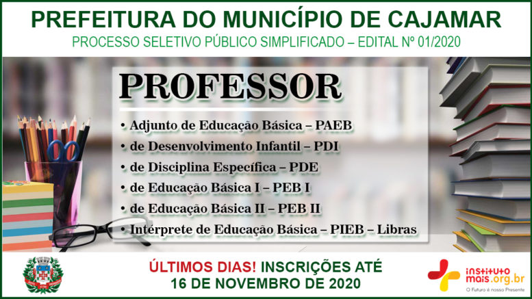 Processo Seletivo Público Simplificado 01/2020 da Prefeitura de Cajamar / Realização: Instituto Mais / Imagem: Divulgação
