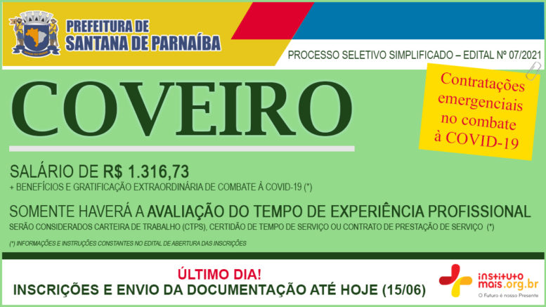 Processo Seletivo Simplificado 07/2021 da Prefeitura de Santana de Parnaíba / Realização: Instituto Mais / Imagem: Divulgação