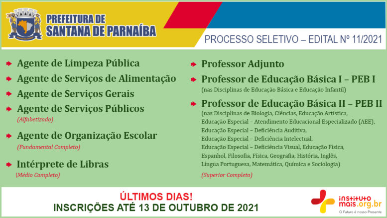 Processo Seletivo 11/2021 da Prefeitura de Santana de Parnaíba / Realização: Instituto Mais / Imagem: Divulgação