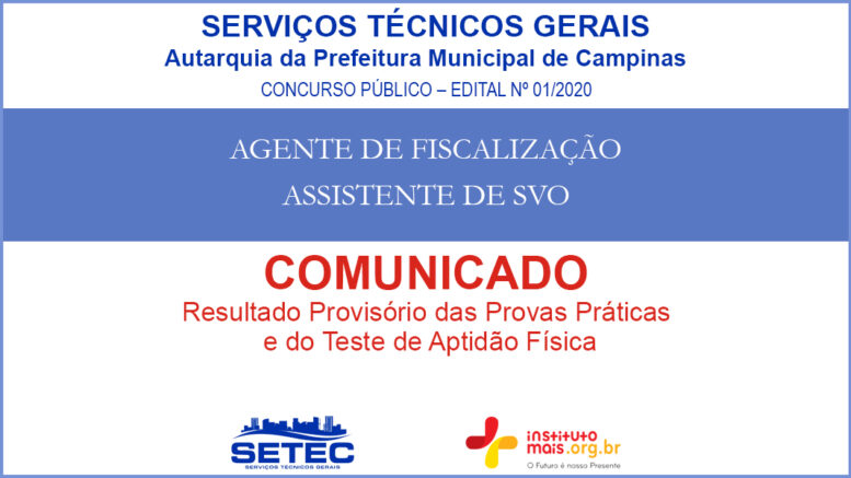 Concurso Público 01/2020 da SETEC Campinas / Realização: Instituto Mais / Imagem: Divulgação