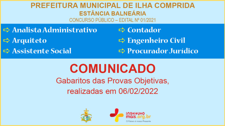Concurso Público 01/2021 da Prefeitura de Ilha Comprida / Realização: Instituto Mais / Imagem: Divulgação