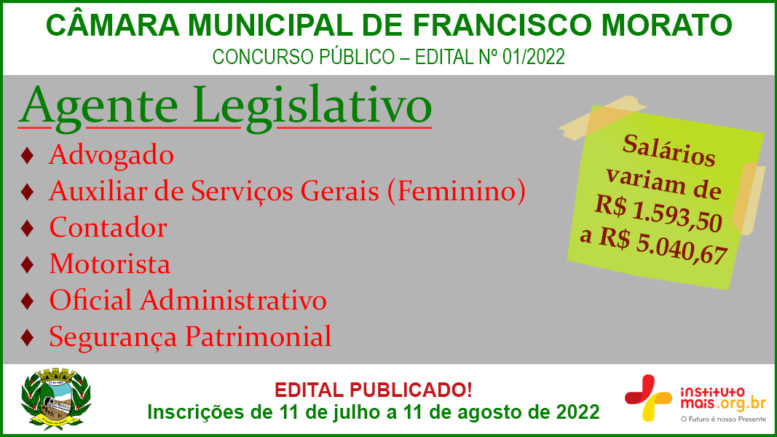 Concurso Público 01/2022 da Câmara de Francisco Morato / Realização: Instituto Mais / Imagem: Divulgação