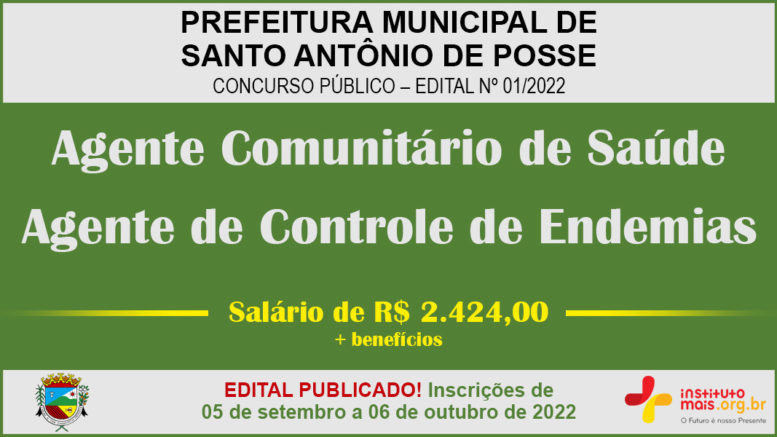Concurso Público 01/2022 da Prefeitura de Santo Antônio de Posse / Realização: Instituto Mais / Imagem: Divulgação