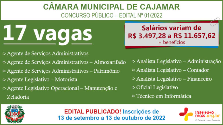 Concurso Público 01/2022 da Câmara de Cajamar / Realização: Instituto Mais / Imagem: Divulgação
