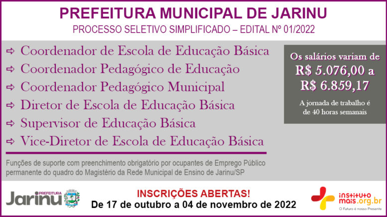 Processo Seletivo Simplificado 01/2022 da Prefeitura de Jarinu / Realização: Instituto Mais / Imagem: Divulgação