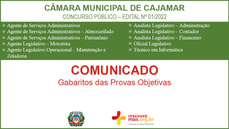 Concurso Público 01/2022 da Câmara de Cajamar / Realização: Instituto Mais / Imagem: Divulgação