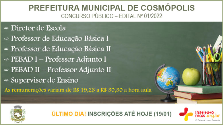 Concurso Público 01/2022 da Prefeitura de Cosmópolis / Realização: Instituto Mais / Imagem: Divulgação