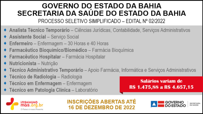 Processo Seletivo Simplificado 02/2022 da Secretaria da Saúde do Estado da Bahia – SESAB / Realização: Instituto Mais / Imagem: Divulgação