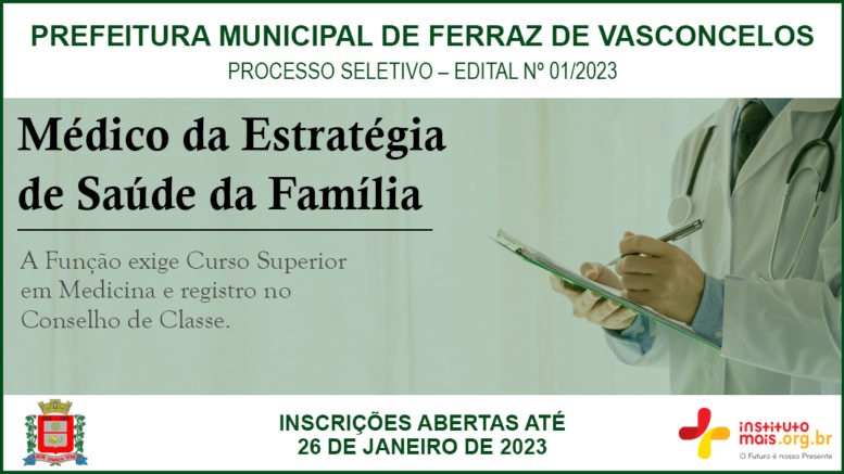 Processo Seletivo 01/2023 da Prefeitura de Ferraz de Vasconcelos / Realização: Instituto Mais / Imagem: Divulgação