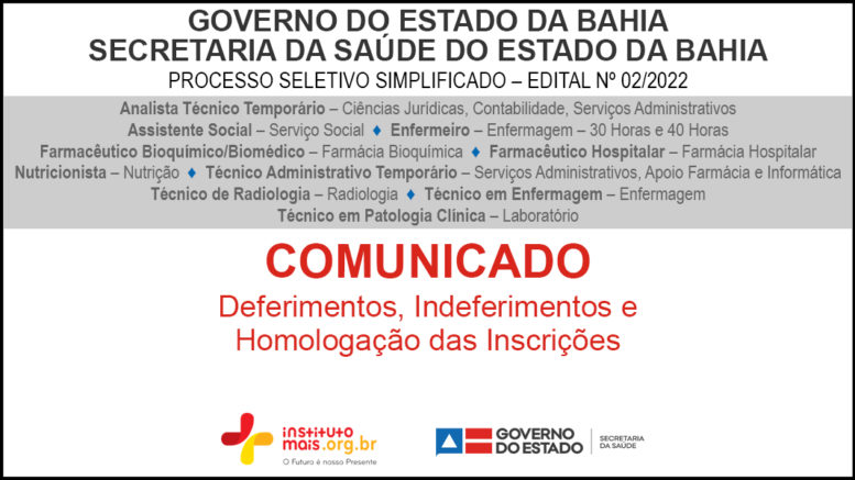 Processo Seletivo Simplificado 02/2022 da Secretaria da Saúde do Estado da Bahia – SESAB / Realização: Instituto Mais / Imagem: Divulgação