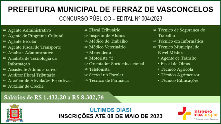 Concurso Público 04/2023 da Prefeitura de Ferraz de Vasconcelos / Realização: Instituto Mais / Imagem: Divulgação