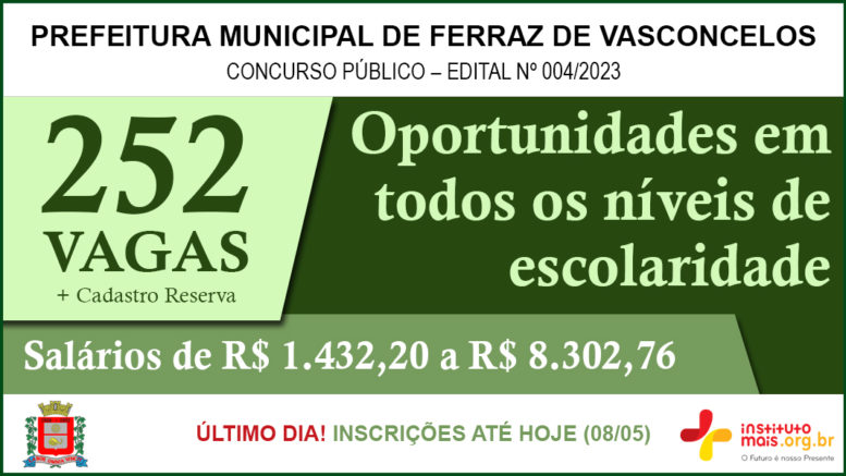 Concurso Público 04/2023 da Prefeitura de Ferraz de Vasconcelos / Realização: Instituto Mais / Imagem: Divulgação