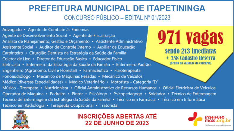 Concurso Público 01/2023 da Prefeitura de Itapetininga / Realização: Instituto Mais / Imagem: Divulgação