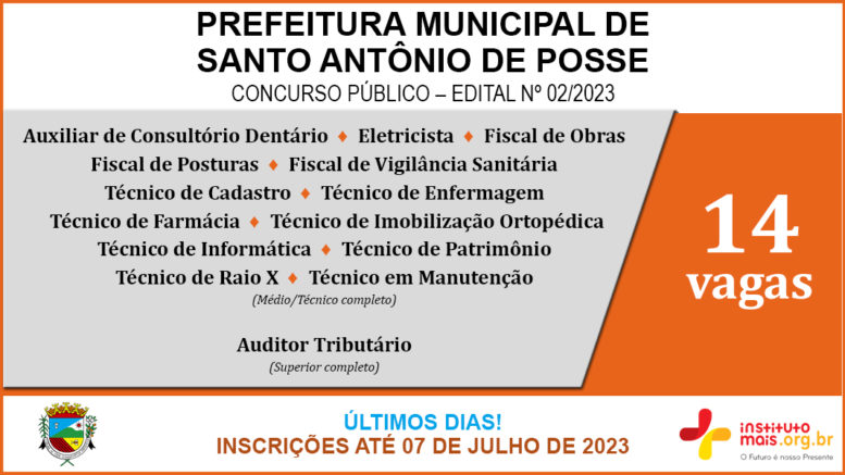 Concurso Público 02/2023 da Prefeitura de Santo Antônio de Posse / Realização: Instituto Mais / Imagem: Divulgação