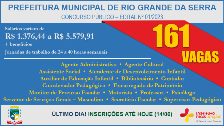 Concurso Público 01/2023 da Prefeitura de Rio Grande da Serra / Realização: Instituto Mais / Imagem: Divulgação