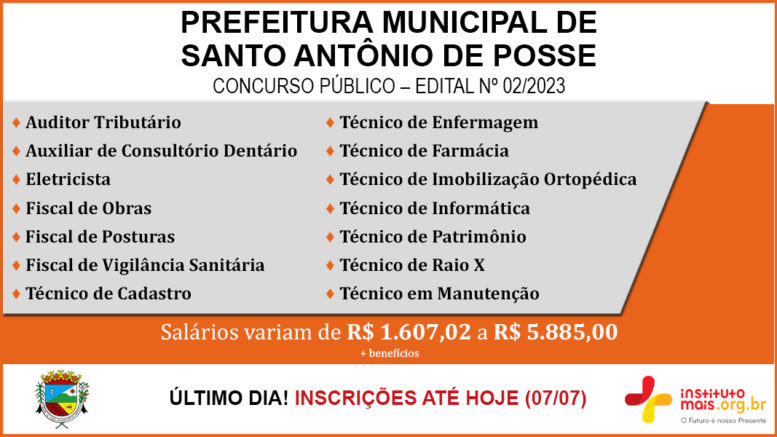 Concurso Público 02/2023 da Prefeitura de Santo Antônio de Posse / Realização: Instituto Mais / Imagem: Divulgação