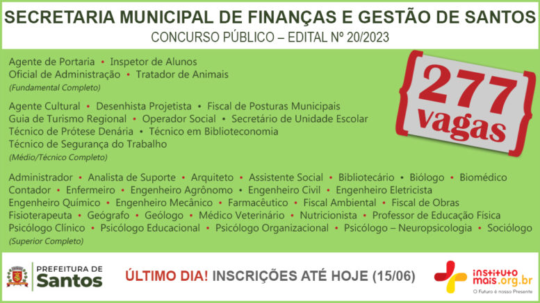 Concurso Público 20/2023 da Secretaria de Finanças e Gestão de Santos / Realização: Instituto Mais / Imagem: Divulgação