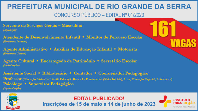 Concurso Público 01/2023 da Prefeitura de Rio Grande da Serra / Realização: Instituto Mais / Imagem: Divulgação