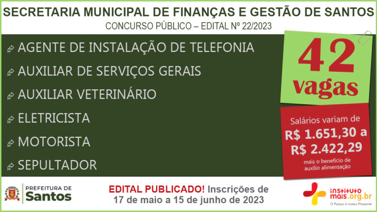 Concurso Público 22/2023 da Secretaria de Finanças e Gestão de Santos / Realização: Instituto Mais / Imagem: Divulgação