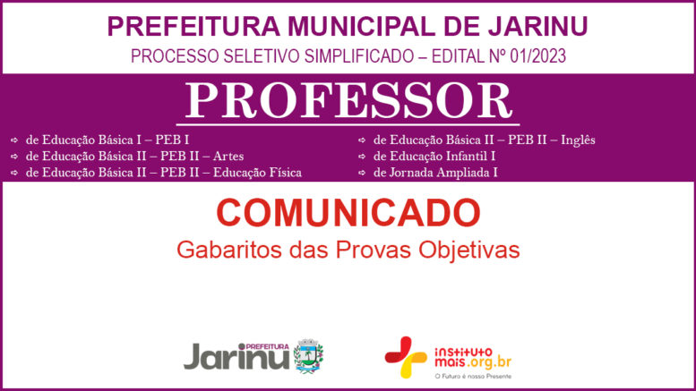 Processo Seletivo Simplificado 01/2023 da Prefeitura de Jarinu / Realização: Instituto Mais / Imagem: Divulgação