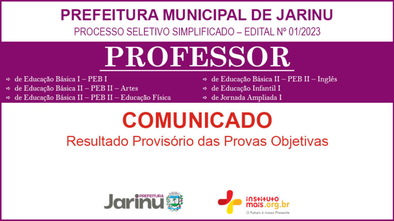 Processo Seletivo Simplificado 01/2023 da Prefeitura de Jarinu / Realização: Instituto Mais / Imagem: Divulgação