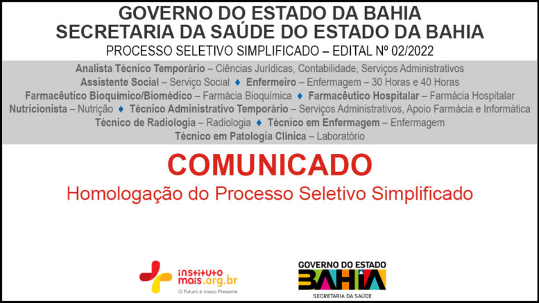 Processo Seletivo Simplificado 02/2022 da Secretaria da Saúde do Estado da Bahia – SESAB / Realização: Instituto Mais / Imagem: Divulgação