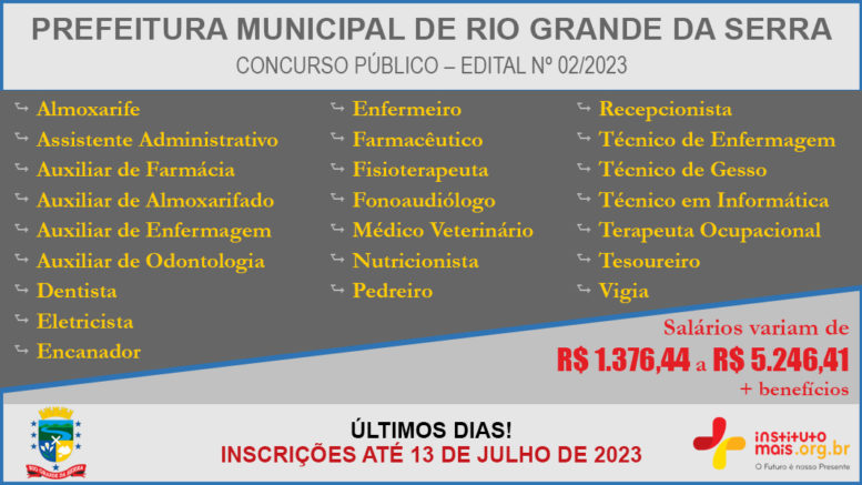 Concurso Público 02/2023 da Prefeitura de Rio Grande da Serra / Realização: Instituto Mais / Imagem: Divulgação