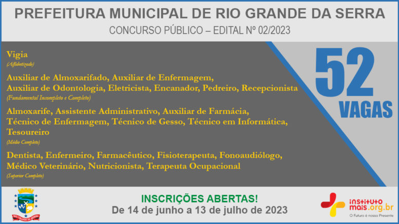 Concurso Público 02/2023 da Prefeitura de Rio Grande da Serra / Realização: Instituto Mais / Imagem: Divulgação