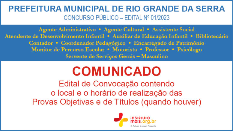 Concurso Público 01/2023 da Prefeitura de Rio Grande da Serra / Realização: Instituto Mais / Imagem: Divulgação