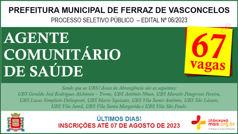 Processo Seletivo Público 06/2023 da Prefeitura de Ferraz de Vasconcelos / Realização: Instituto Mais / Imagem: Divulgação