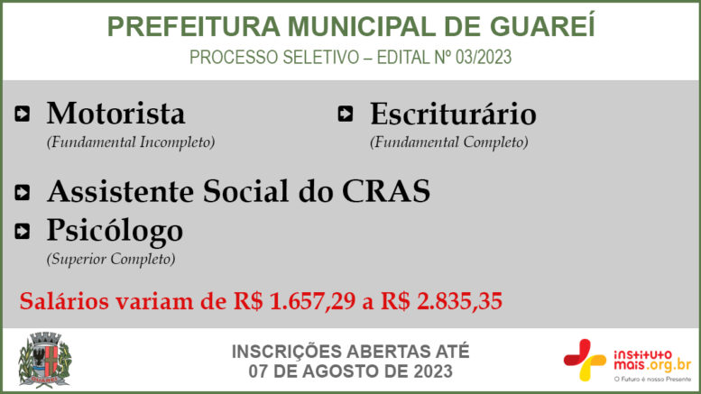 Processo Seletivo 02/2023 da Prefeitura de Guareí / Realização: Instituto Mais / Imagem: Divulgação