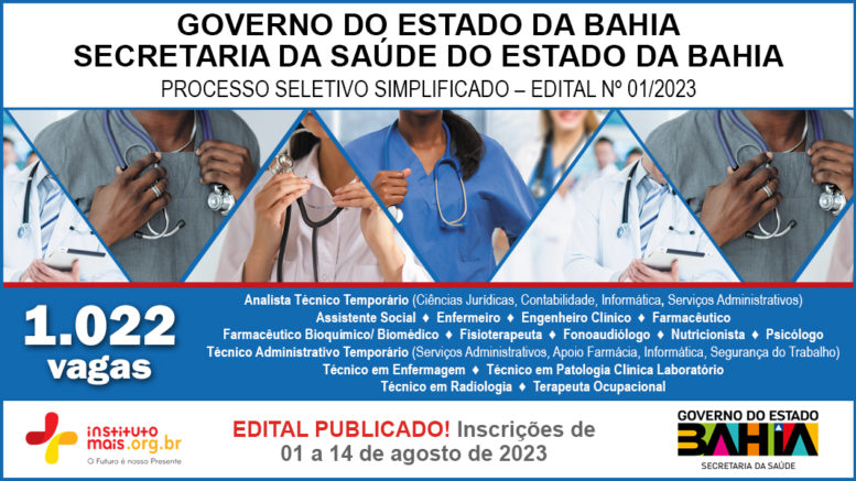 Processo Seletivo Simplificado 01/2023 da Secretaria da Saúde do Estado da Bahia – SESAB / Realização: Instituto Mais / Imagem: Divulgação