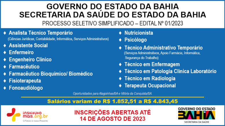 Processo Seletivo Simplificado 01/2023 da Secretaria da Saúde do Estado da Bahia – SESAB / Realização: Instituto Mais / Imagem: Divulgação