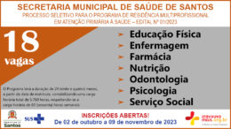 Processo Seletivo de Residência Multiprofissional 01/2023 da Secretaria de Saúde de Santos / Realização: Instituto Mais / Imagem: Divulgação