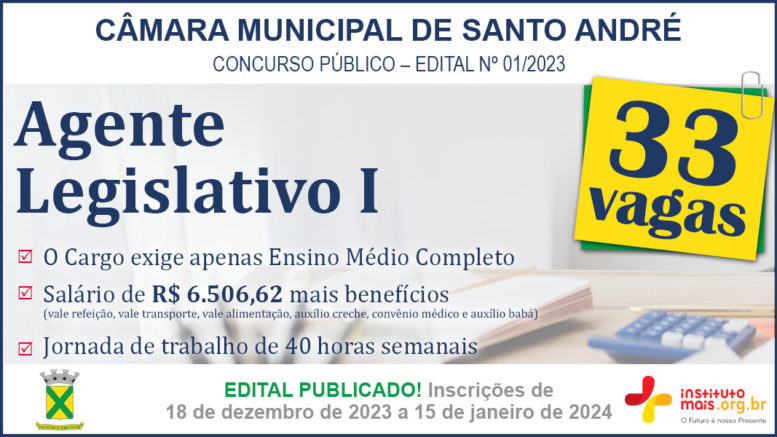Concurso Público 01/2023 da Câmara de Santo André / Realização: Instituto Mais / Imagem: Divulgação