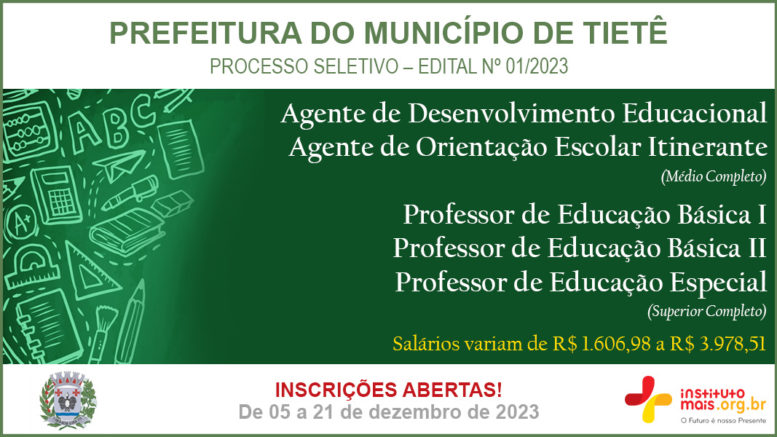 Processo Seletivo 01/2023 da Prefeitura de Tietê / Realização: Instituto Mais / Imagem: Divulgação