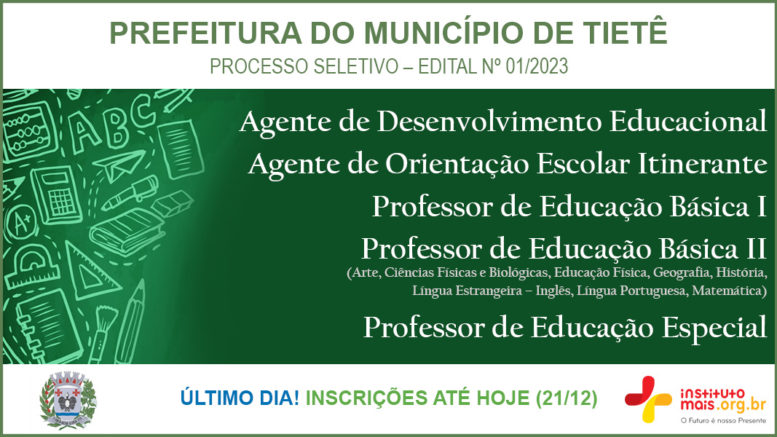 Processo Seletivo 01/2023 da Prefeitura de Tietê / Realização: Instituto Mais / Imagem: Divulgação
