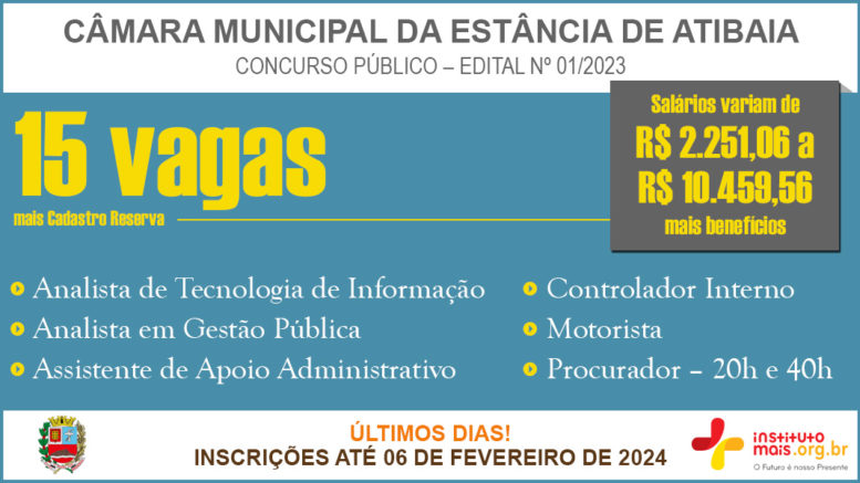 Concurso Público 01/2023 da Câmara de Atibaia / Realização: Instituto Mais / Imagem: Divulgação