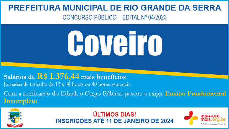Concurso Público 04/2023 da Prefeitura de Rio Grande da Serra / Realização: Instituto Mais / Imagem: Divulgação