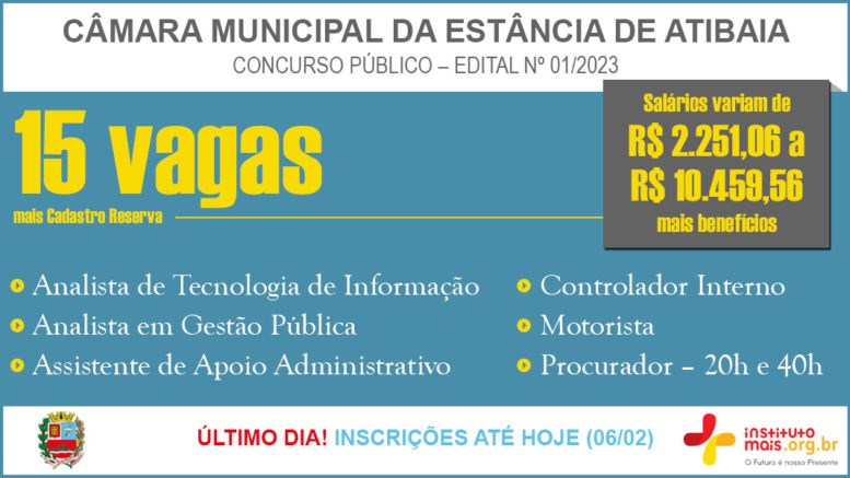 Concurso Público 01/2023 da Câmara de Atibaia / Realização: Instituto Mais / Imagem: Divulgação