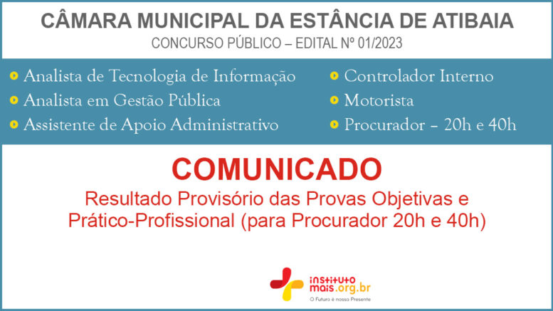 Concurso Público 01/2023 da Câmara de Atibaia / Realização: Instituto Mais / Imagem: Divulgação