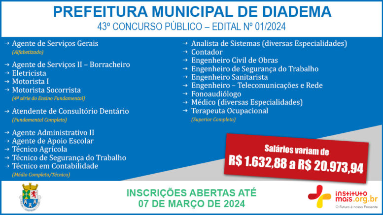 Concurso Público 01/2024 da Prefeitura de Diadema / Realização: Instituto Mais / Imagem: Divulgação